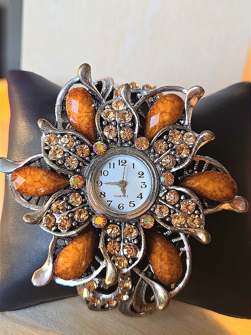 Vintage-Inspired Flower Statement Watch Bracelet in Amber and Brass